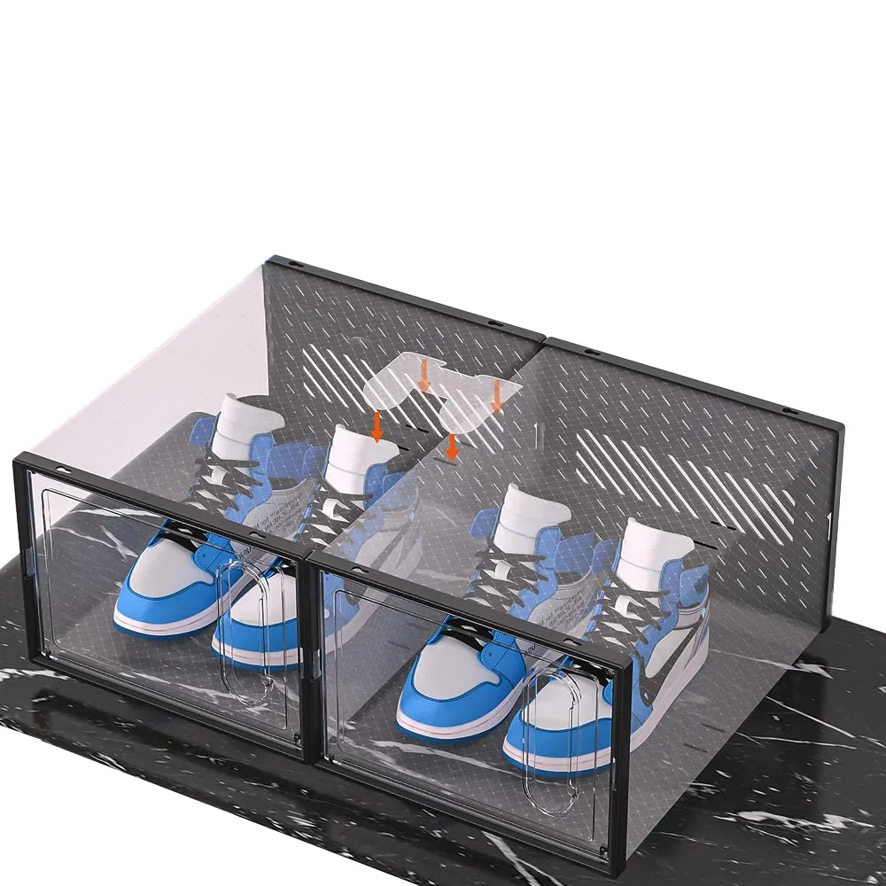 4Pcs Stackable Shoe Storage Boxes with Magnetic Door Clear Plastic Sneaker Organizer Black