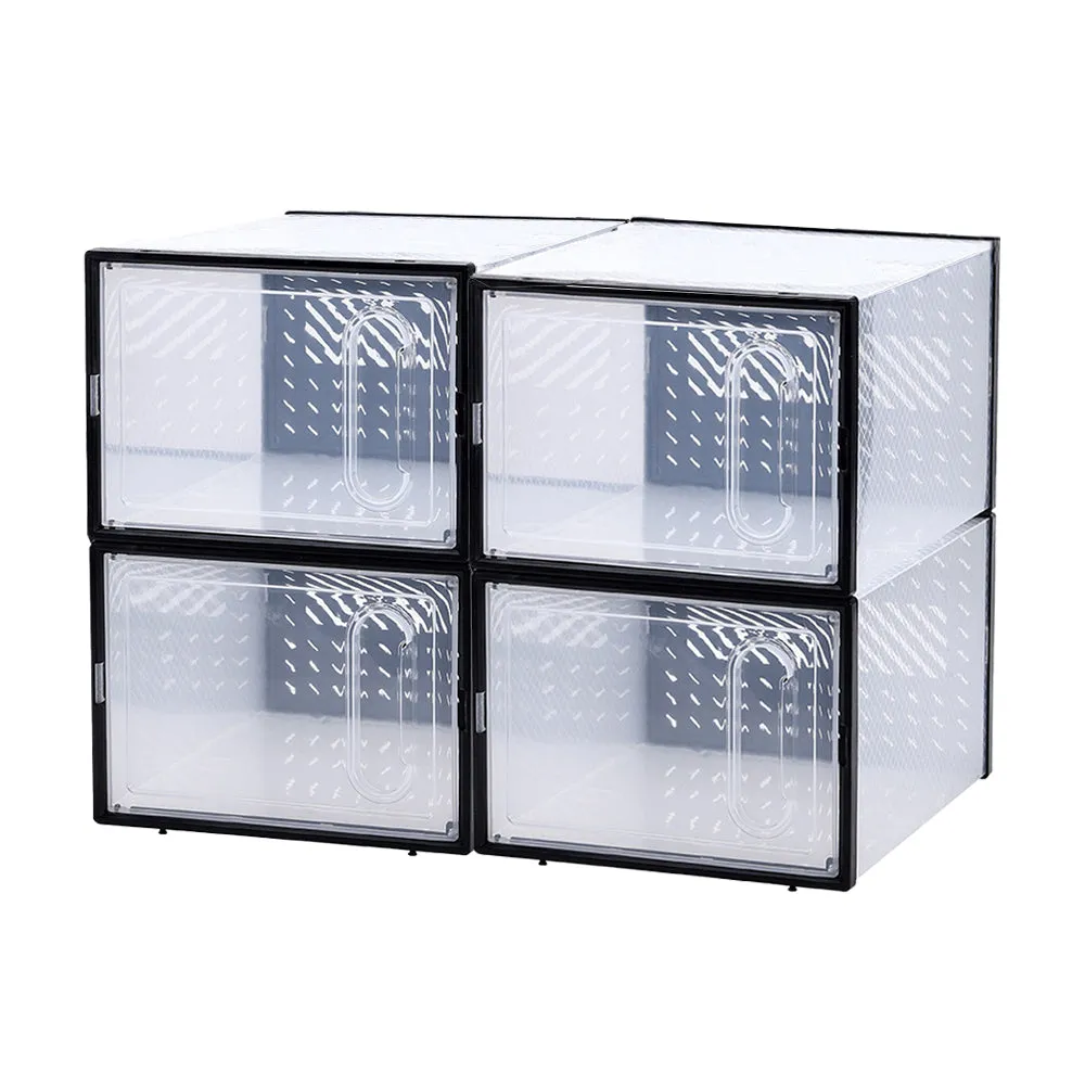 4Pcs Stackable Shoe Storage Boxes with Magnetic Door Clear Plastic Sneaker Organizer Black