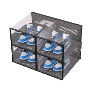 4Pcs Stackable Shoe Storage Boxes with Magnetic Door Clear Plastic Sneaker Organizer Black