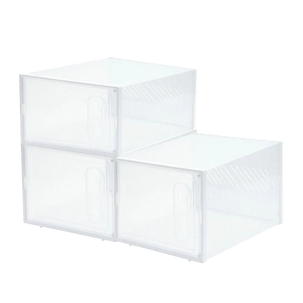4Pcs Stackable Shoe Storage Boxes with Magnetic Door Clear Plastic Sneaker Organizer White