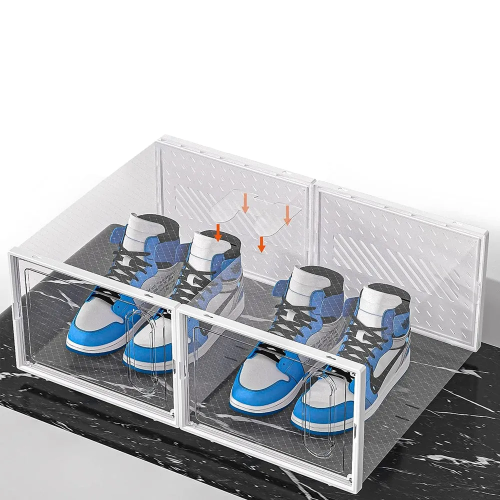 4Pcs Stackable Shoe Storage Boxes with Magnetic Door Clear Plastic Sneaker Organizer White