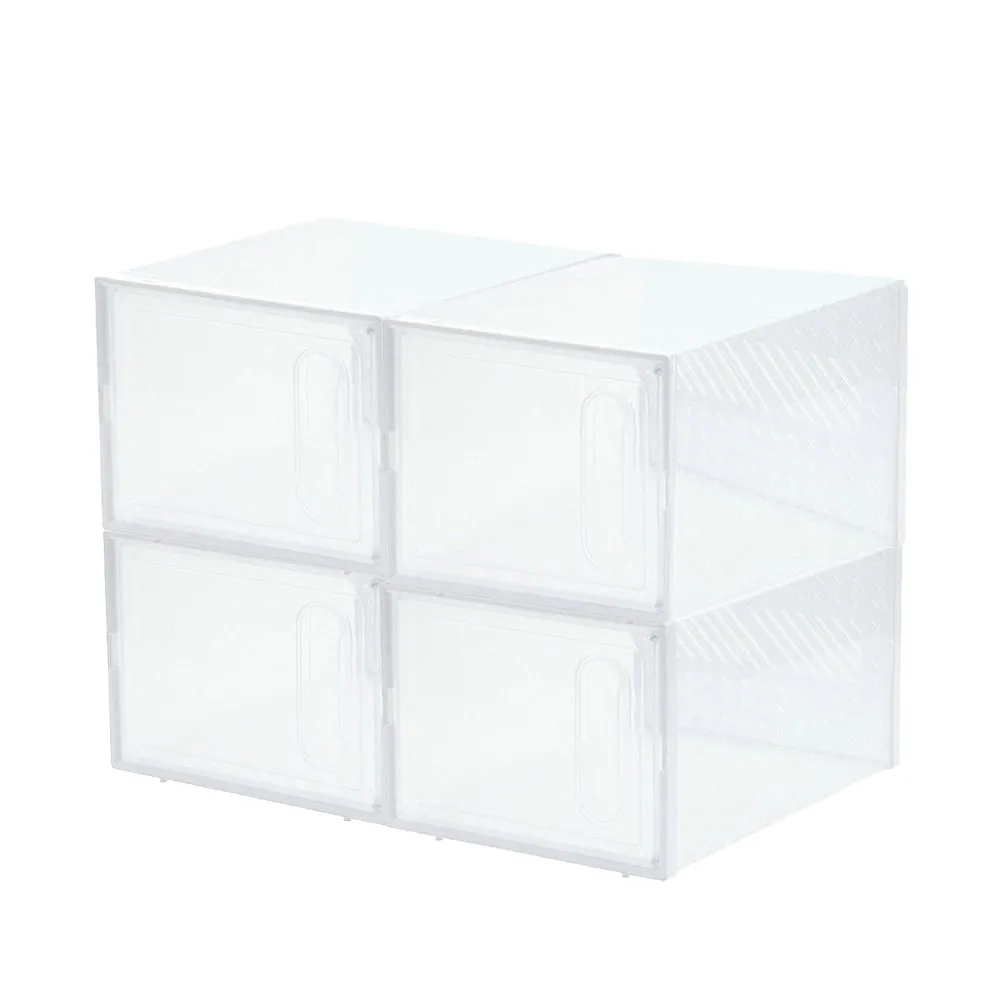 4Pcs Stackable Shoe Storage Boxes with Magnetic Door Clear Plastic Sneaker Organizer White