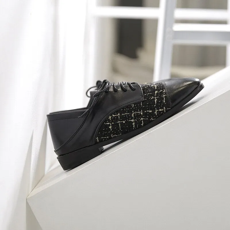Advbridge Tweed Loafer Shoes for Women Fashion Designer Girls Flat Shoes Lace Up Oxfords Chaussures Femmes Plus Size Women Shoes 43
