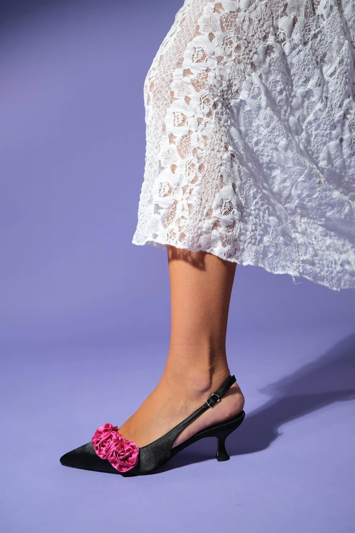 ALEXA Black Satin Fuchsia Floral Women's Heeled Shoes