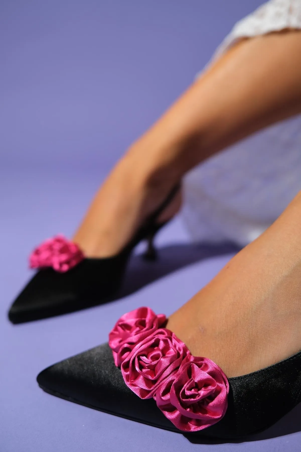 ALEXA Black Satin Fuchsia Floral Women's Heeled Shoes