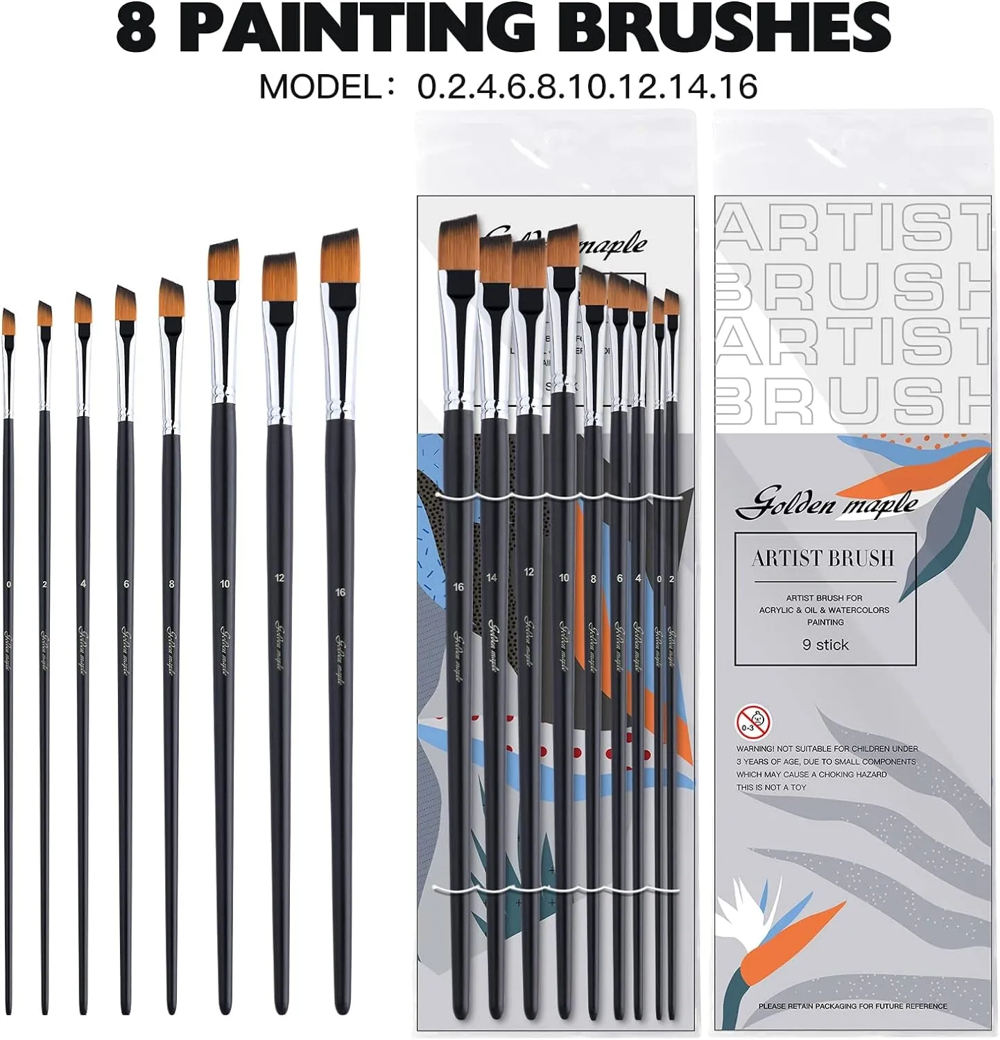 Angular Paint Brush, 9PC Oblique Tip Nylon Hair Long Handle Angled Paint Brushes Set Art Artist Professional Painting Supplies for Acrylic, Watercolor, Gouache and Oil Painting