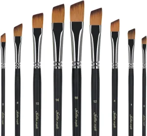 Angular Paint Brush, 9PC Oblique Tip Nylon Hair Long Handle Angled Paint Brushes Set Art Artist Professional Painting Supplies for Acrylic, Watercolor, Gouache and Oil Painting
