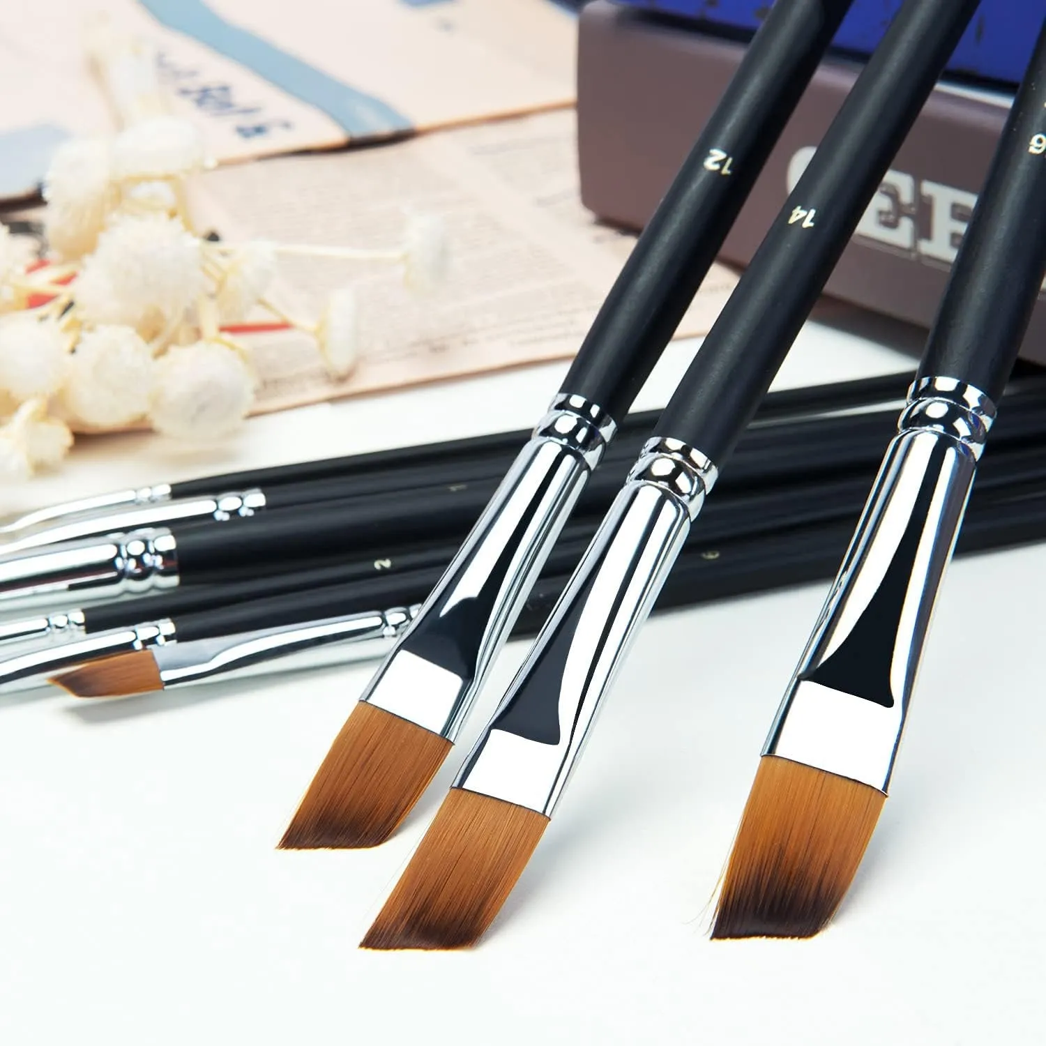 Angular Paint Brush, 9PC Oblique Tip Nylon Hair Long Handle Angled Paint Brushes Set Art Artist Professional Painting Supplies for Acrylic, Watercolor, Gouache and Oil Painting