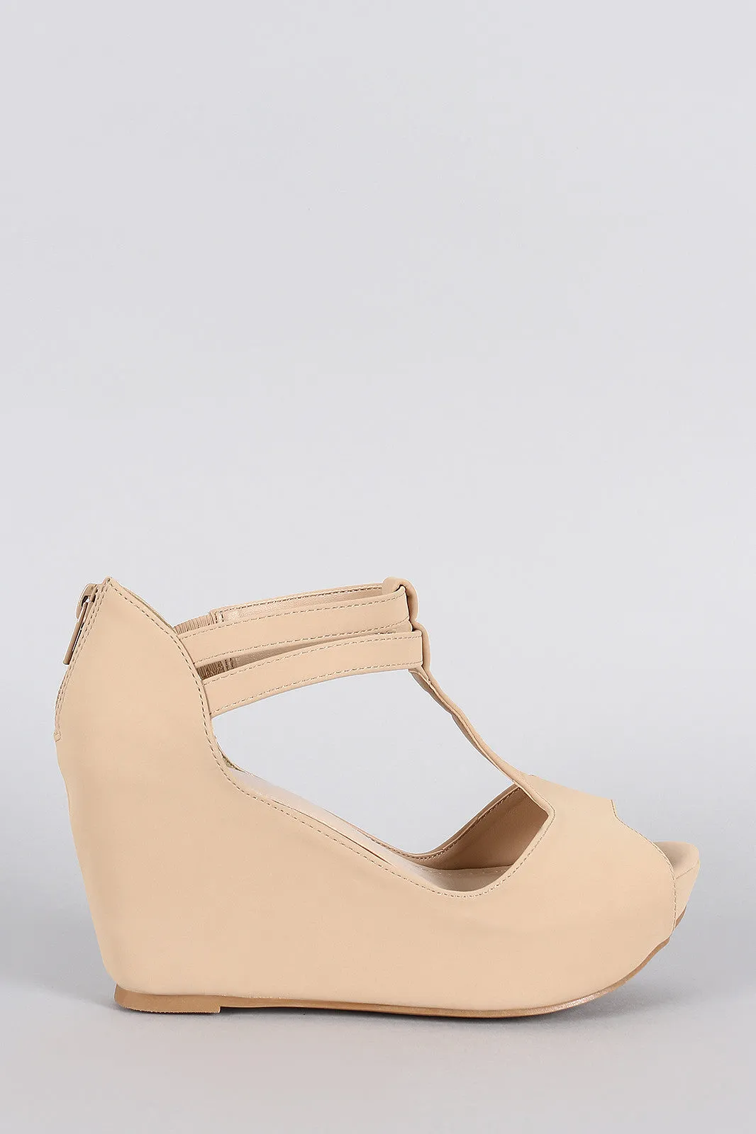 Bamboo Nubuck T-Strap Platform Wedge