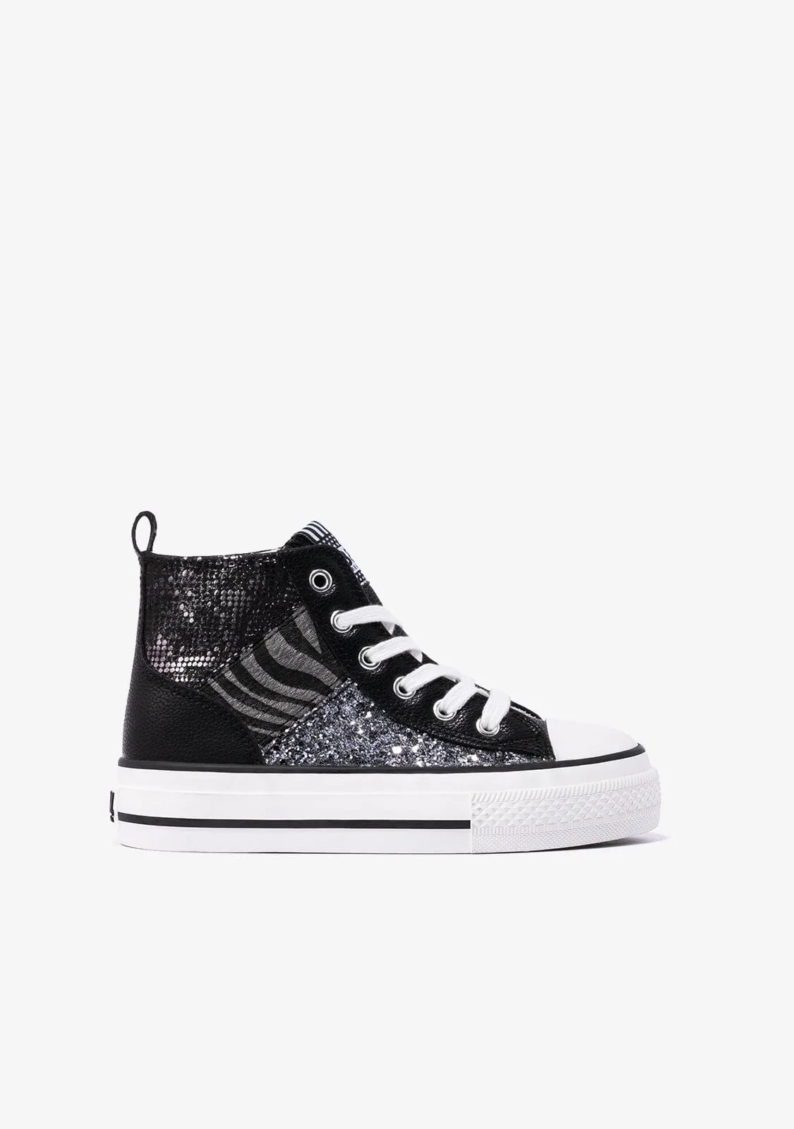 B&W Black - Zebra Patchwork Platform High-Top Sneakers