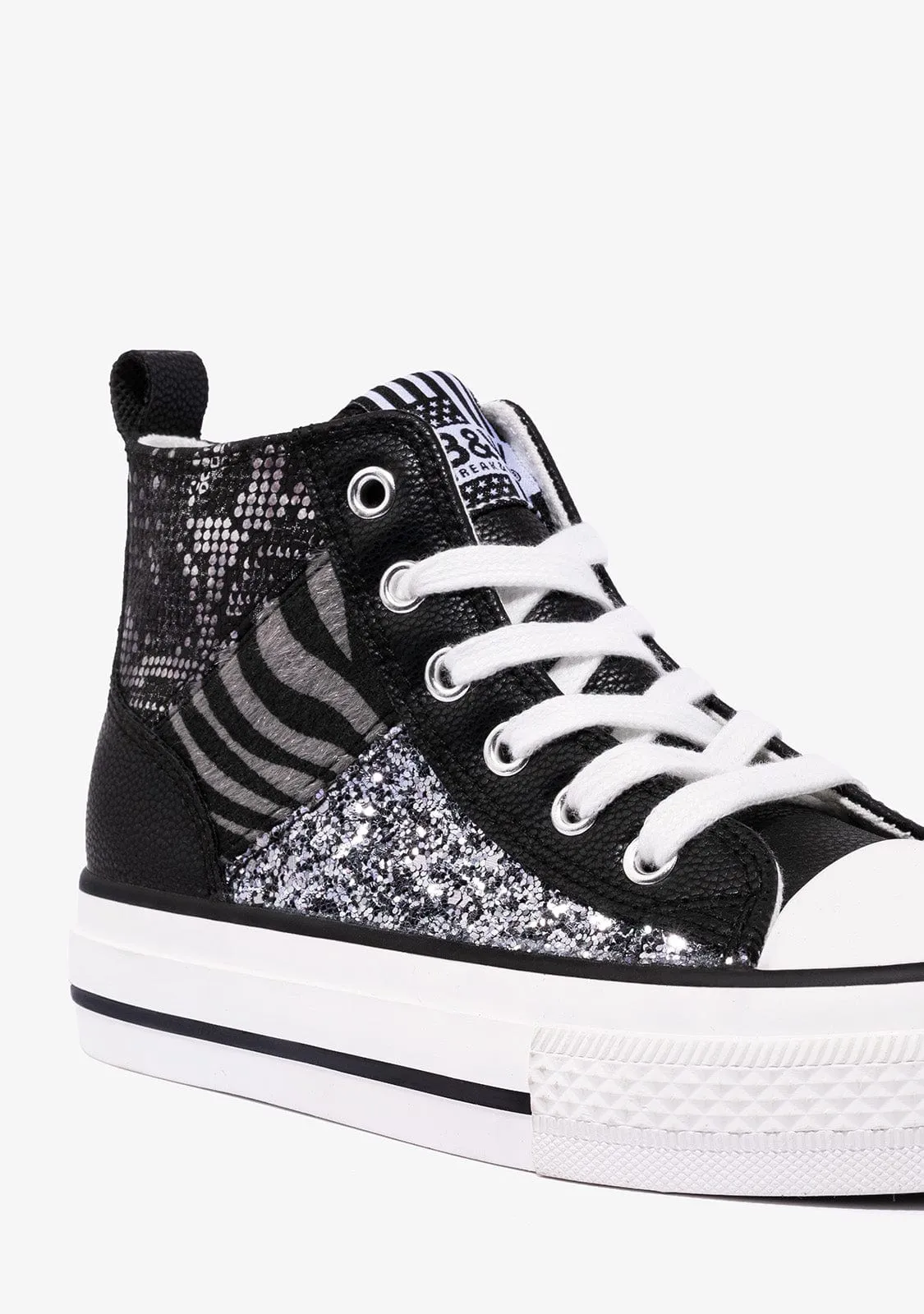 B&W Black - Zebra Patchwork Platform High-Top Sneakers