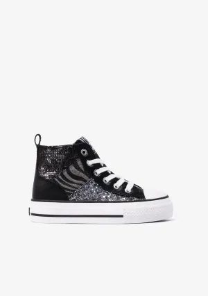 B&W Black - Zebra Patchwork Platform High-Top Sneakers