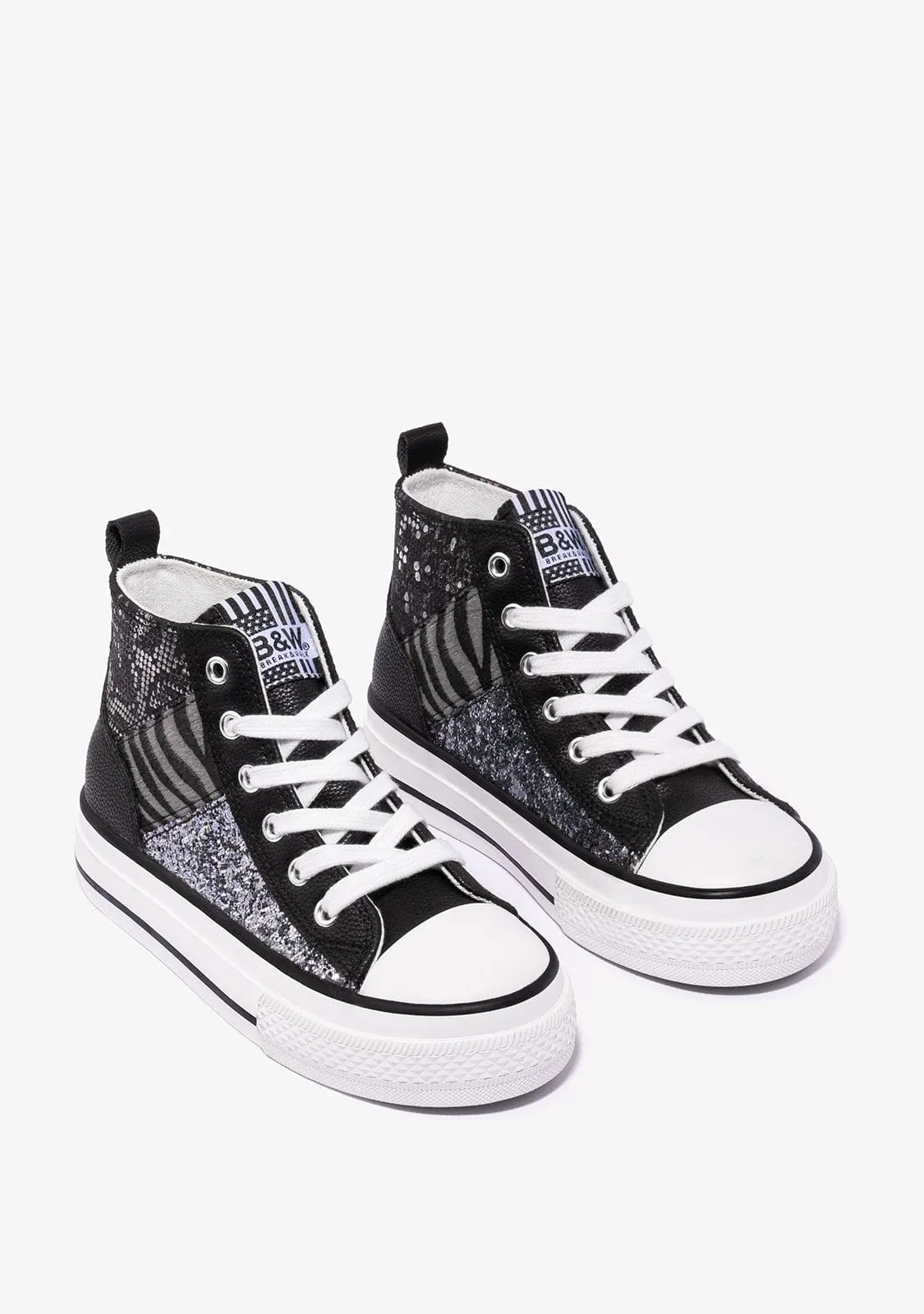 B&W Black - Zebra Patchwork Platform High-Top Sneakers