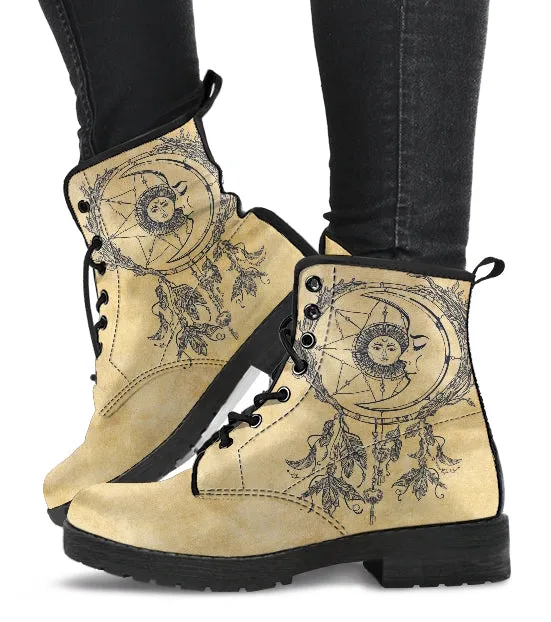 Beige Celestial Dream Catcher Women's Vegan Leather Combat Boots