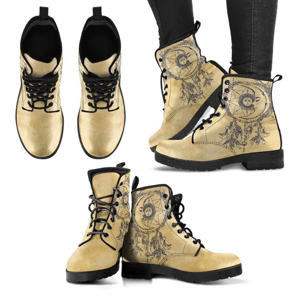 Beige Celestial Dream Catcher Women's Vegan Leather Combat Boots