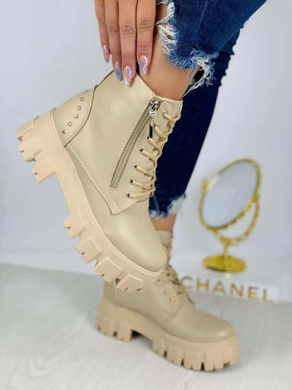 Beige Chunky Platform Lace-Up Boots