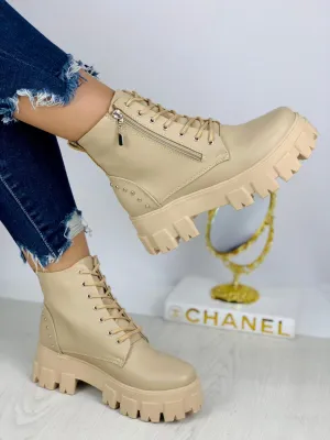 Beige Chunky Platform Lace-Up Boots