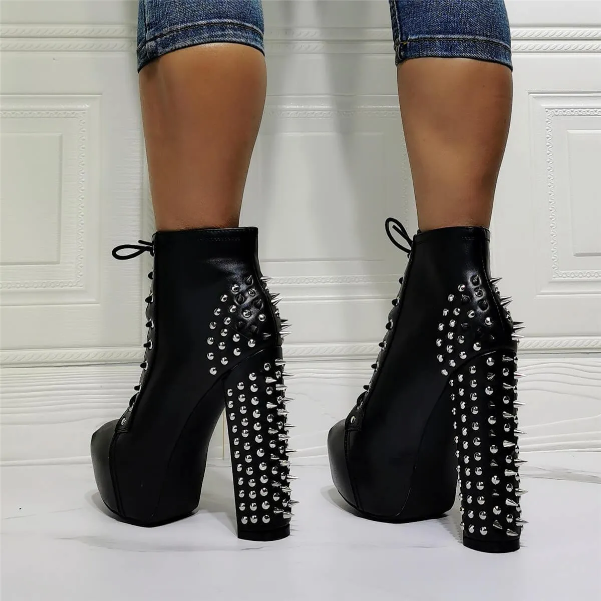 Black PU Platform Rivet High Heel Ankle Boots