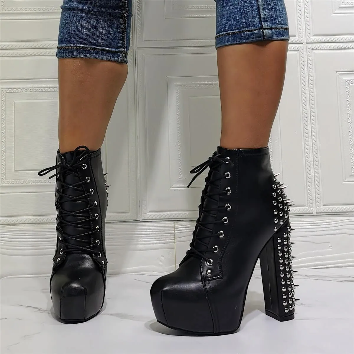 Black PU Platform Rivet High Heel Ankle Boots