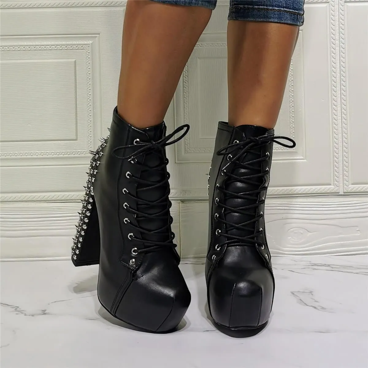 Black PU Platform Rivet High Heel Ankle Boots