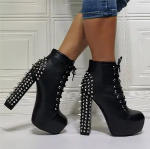 Black PU Platform Rivet High Heel Ankle Boots