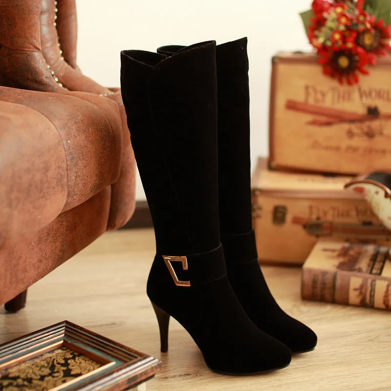 Black Suede High Heel Fine Heel Plush Frosted High Boots