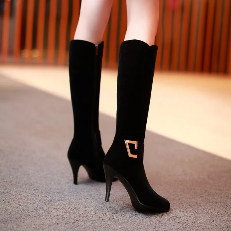 Black Suede High Heel Fine Heel Plush Frosted High Boots