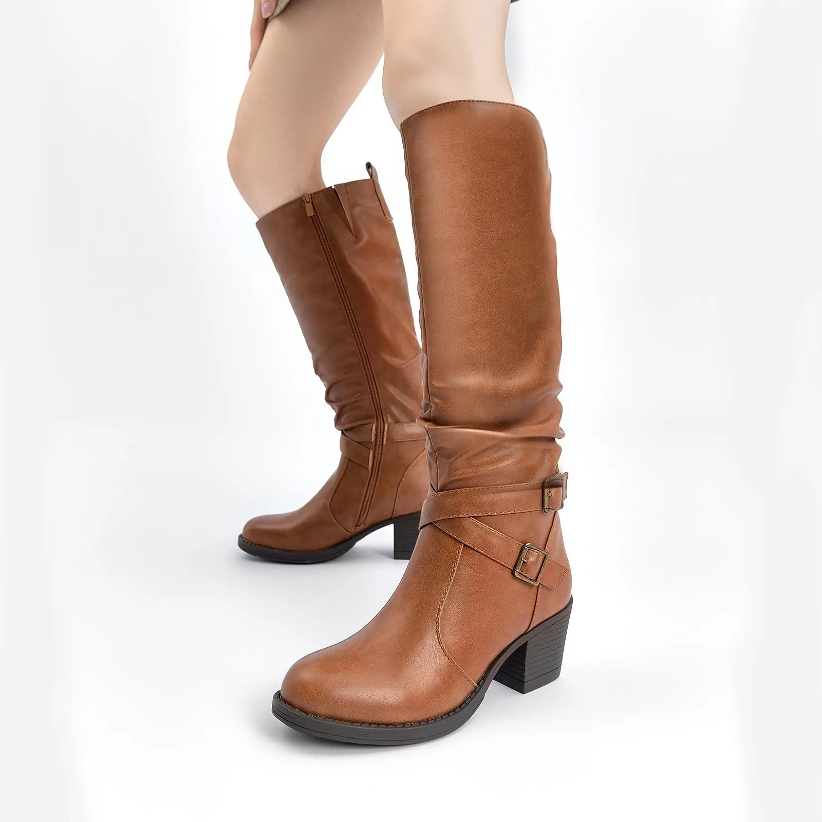 Brown Pu Almond Toe Faux Leather Buckle Knee High Boots