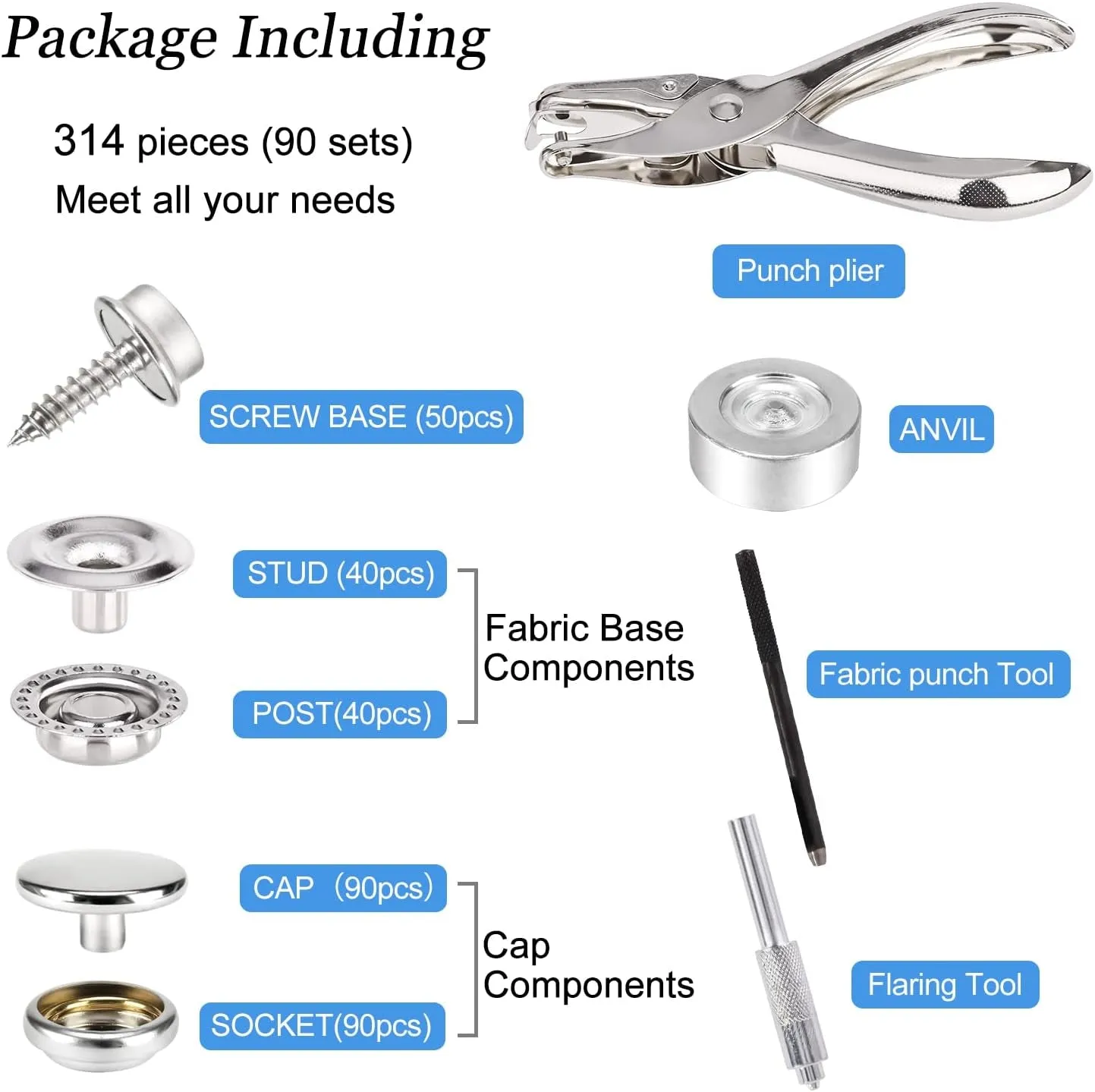 Canvas Snap Kit,  Marine Grade Stainless Steel Snaps, Screw Snaps,Boat Cover Snaps, Carpet Snap Kit with Setting Tool for Boat Cover Furniture (Silver-314Pcs)