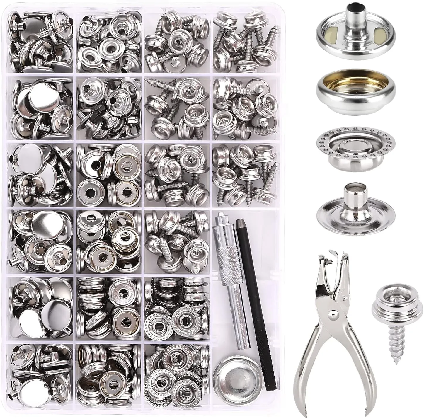 Canvas Snap Kit,  Marine Grade Stainless Steel Snaps, Screw Snaps,Boat Cover Snaps, Carpet Snap Kit with Setting Tool for Boat Cover Furniture (Silver-314Pcs)