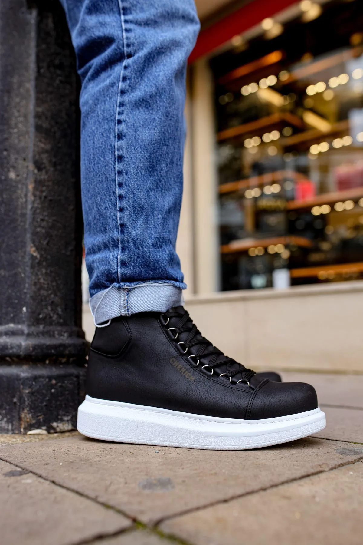 CH258 Men's Black-White Sole Metal Slug Lace-up High Sole Casual Sneaker Sports Boots