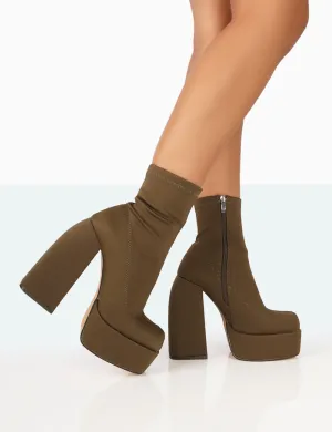 Charlie Khaki Nylon Platform Rounded Toe Block Heeled Ankle Boots