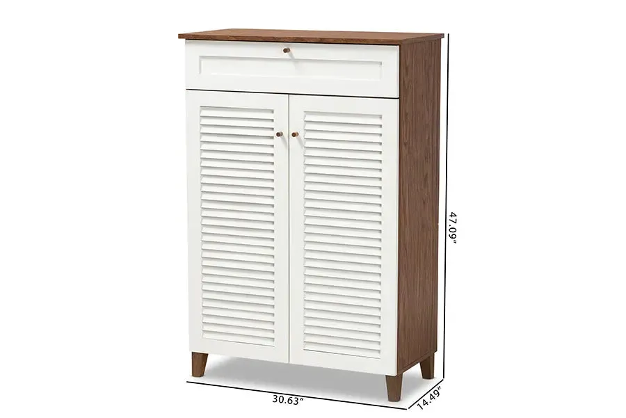 Clevedon White/Walnut Finished 5-Shelf Wood Shoe Storage Cabinet w/Drawer
