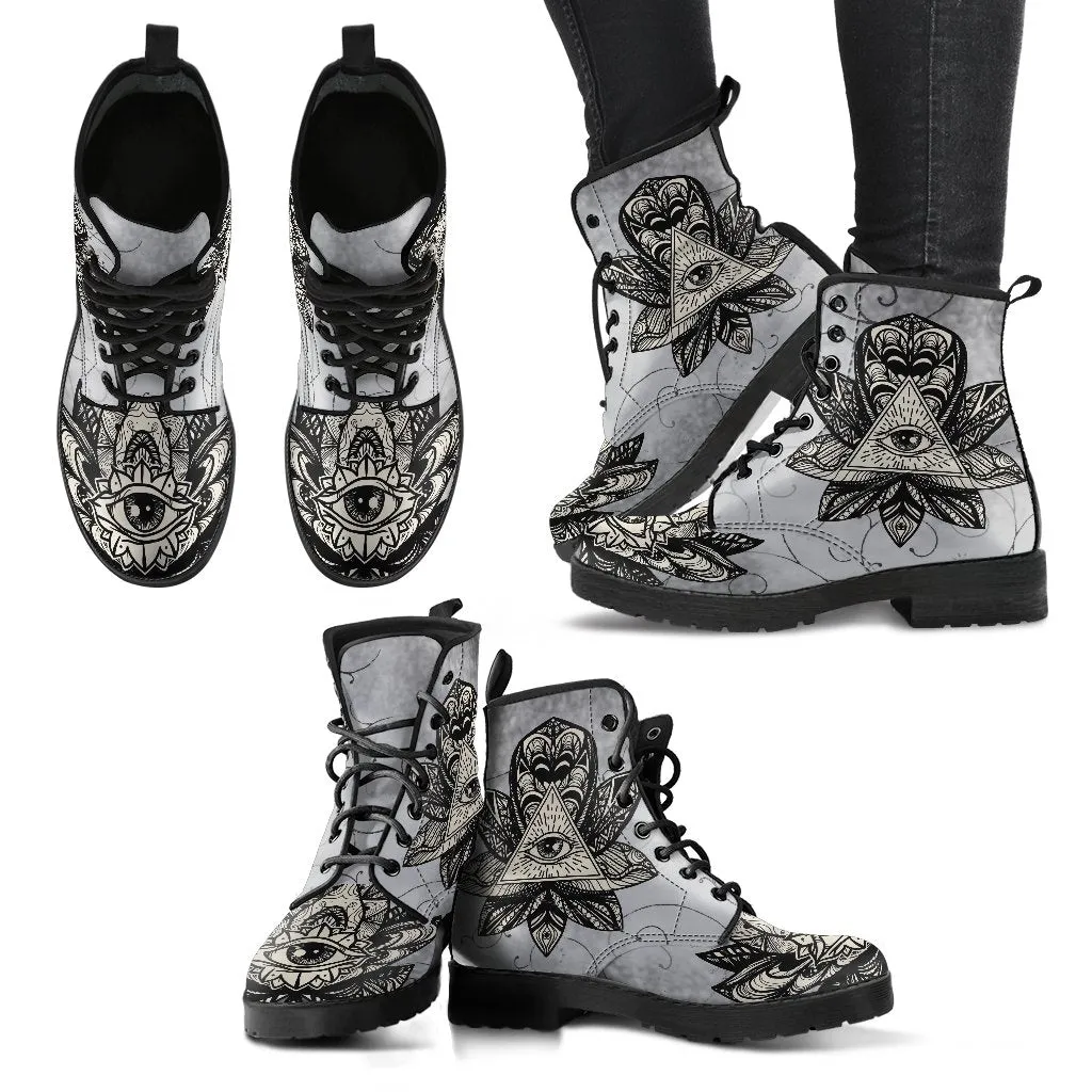 Combat Boots - The Eye of Providence | Vegan Leather Lace Up Boots Women, Handmade Lace Up Boots, Women's Boots, Custom Shoes, Boho Shoes