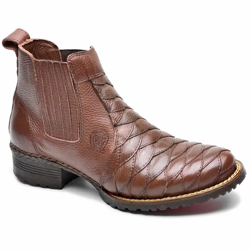 Cowboy Boots Ankle Brown Leather Scaled Round Toe Slip On