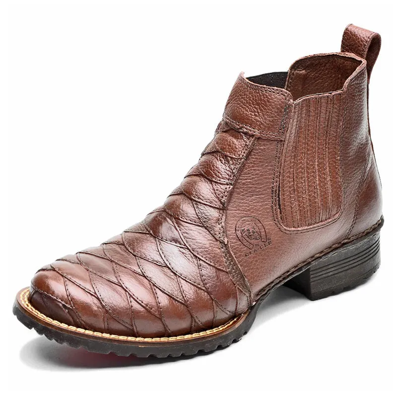 Cowboy Boots Ankle Brown Leather Scaled Round Toe Slip On