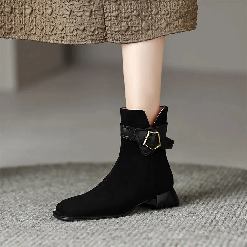 Designer British Style Square Low Heel Faux Suede Boots For Women