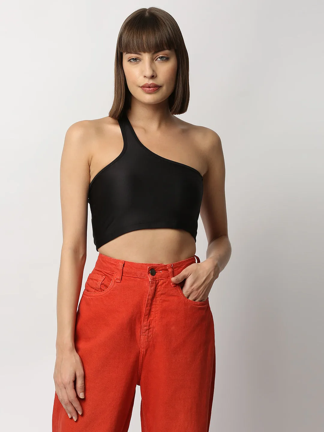 Disrupt Women Black One Shoulder Slim Fit Crop Top