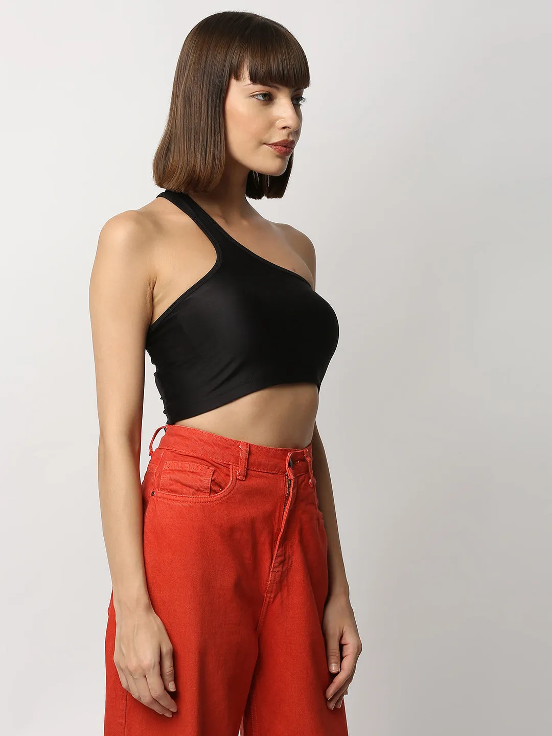 Disrupt Women Black One Shoulder Slim Fit Crop Top