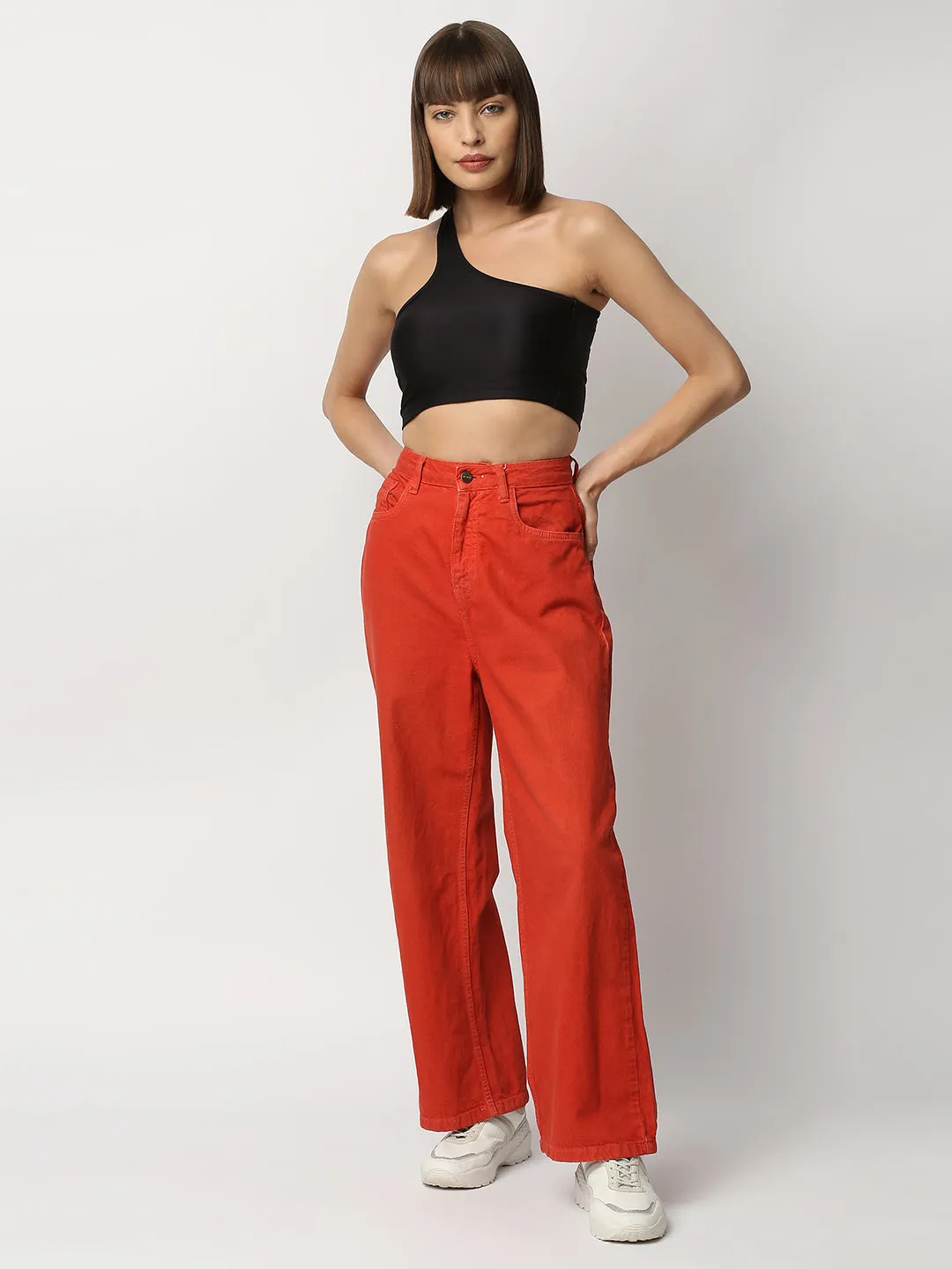 Disrupt Women Black One Shoulder Slim Fit Crop Top