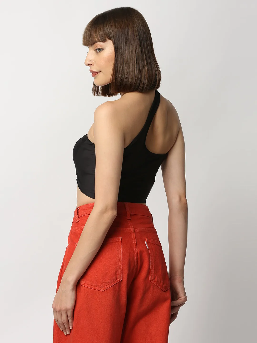 Disrupt Women Black One Shoulder Slim Fit Crop Top