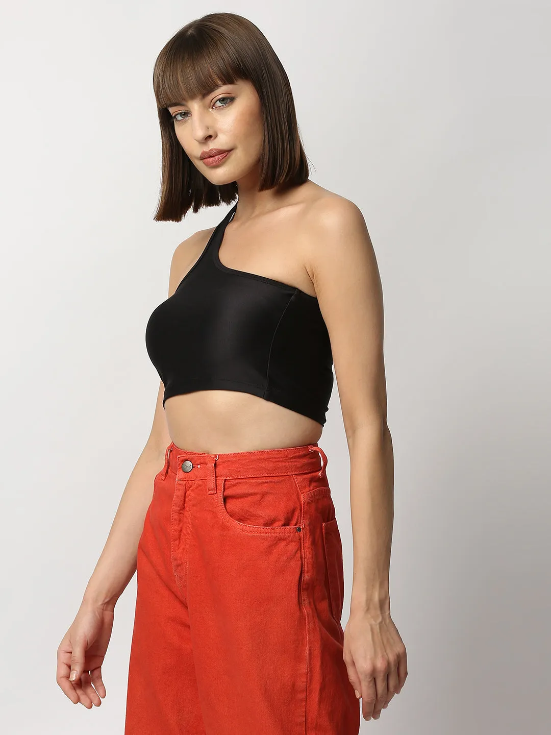 Disrupt Women Black One Shoulder Slim Fit Crop Top