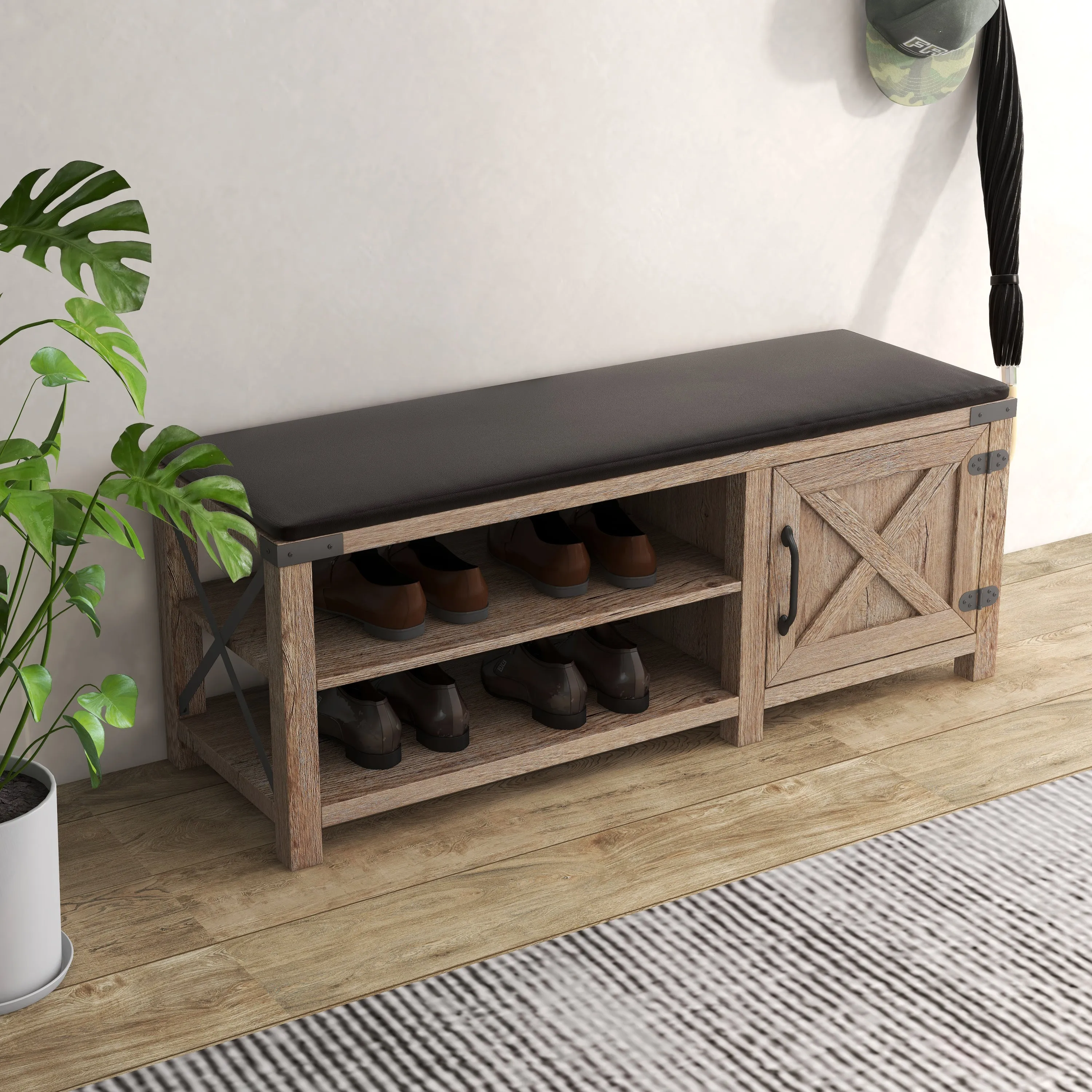 Farmhouse Shoes Bench With Seat Cushion - Tobacco