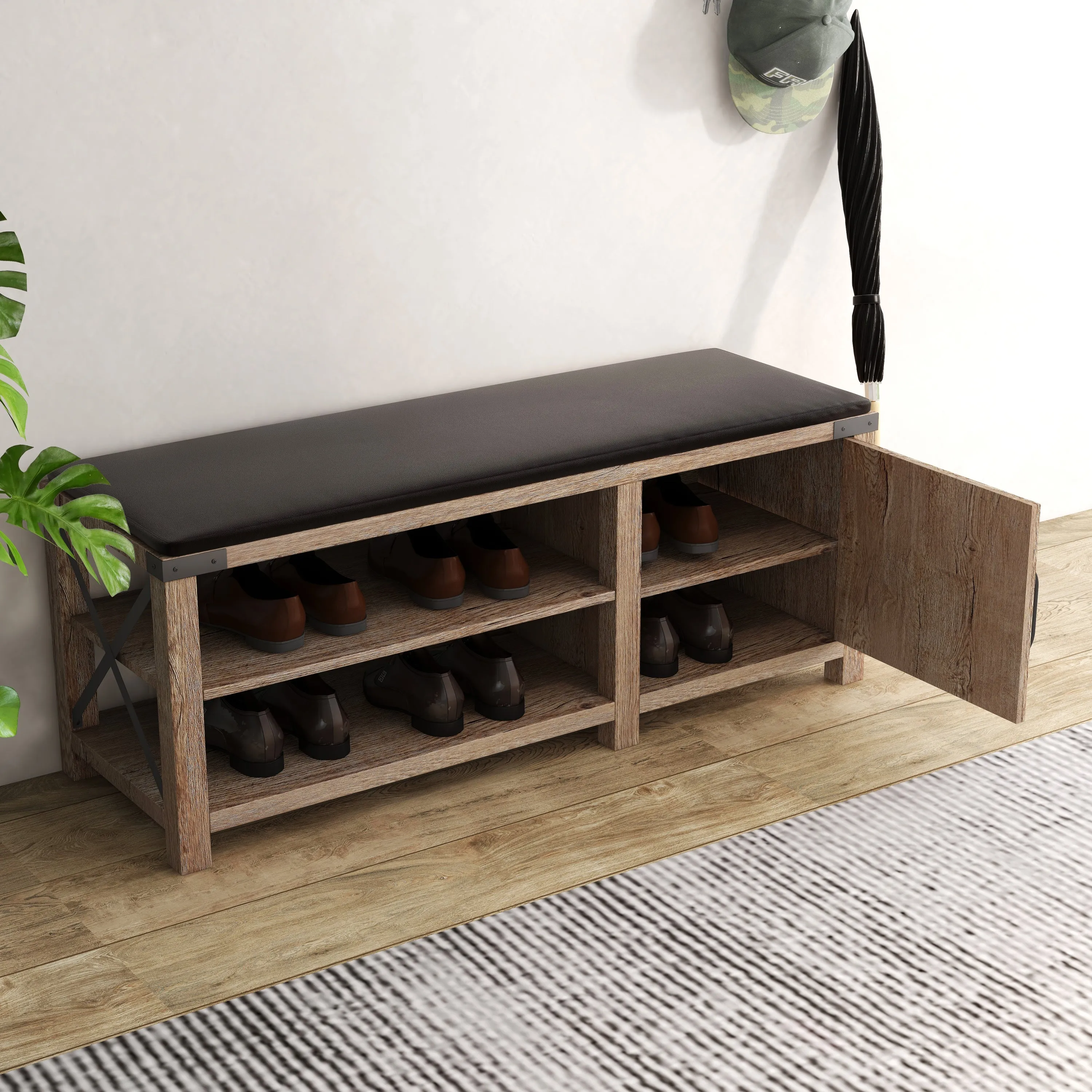 Farmhouse Shoes Bench With Seat Cushion - Tobacco