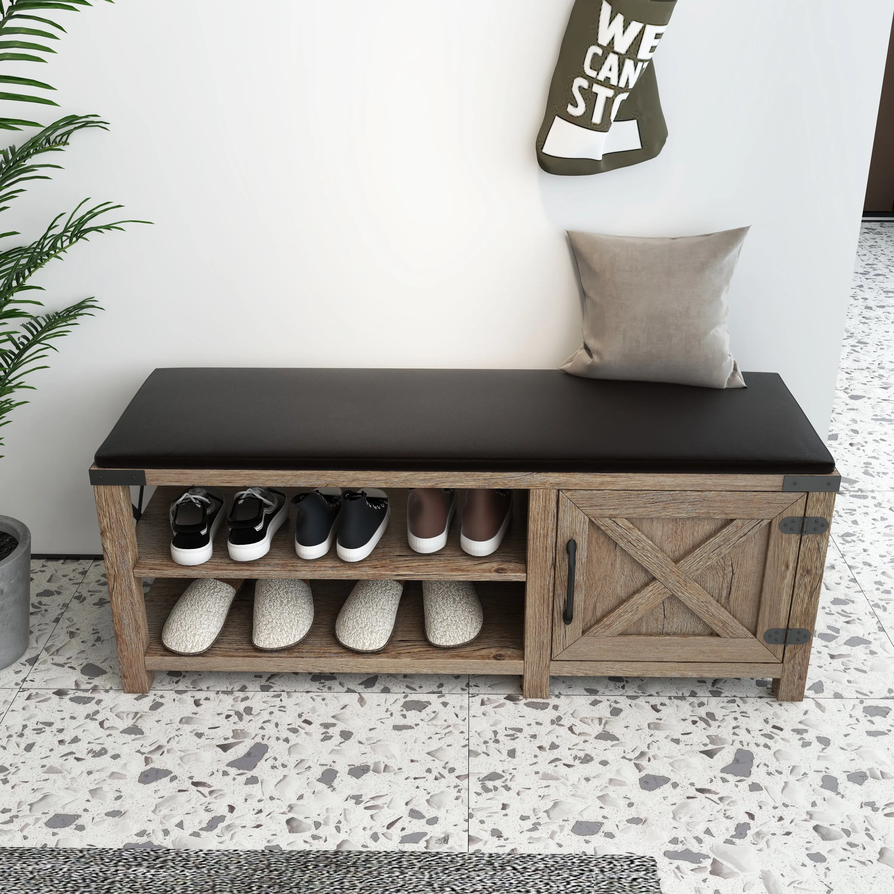 Farmhouse Shoes Bench With Seat Cushion - Tobacco