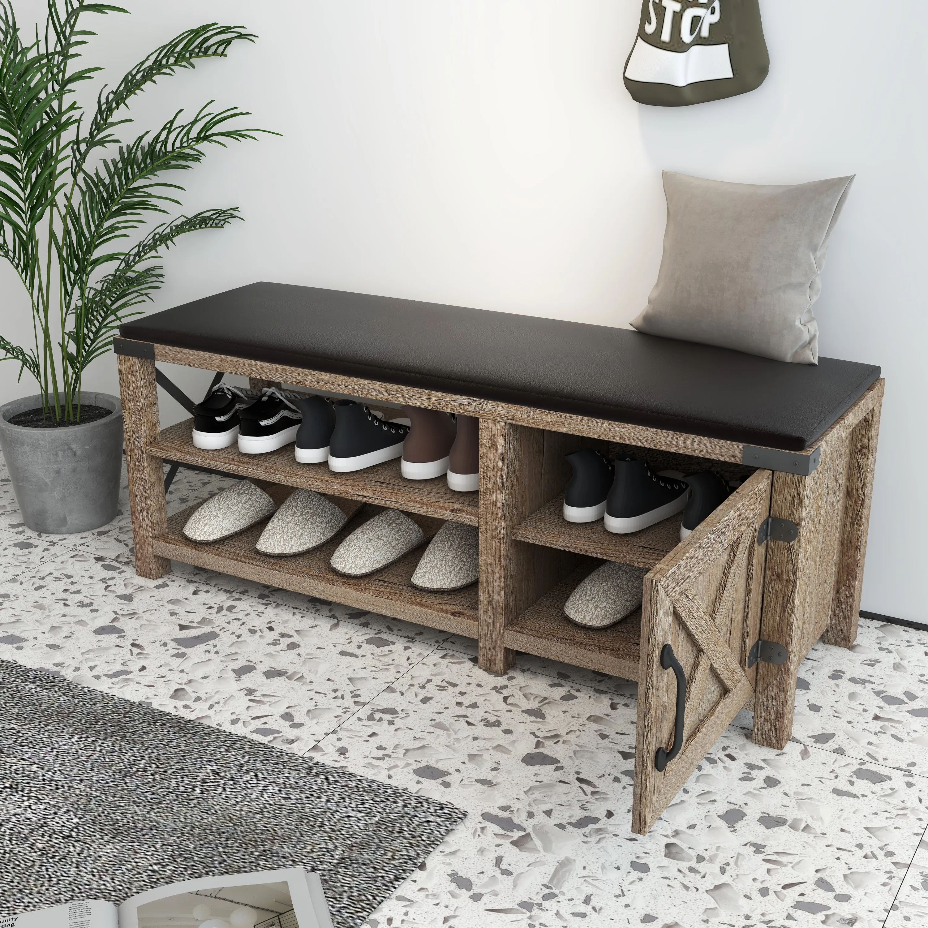Farmhouse Shoes Bench With Seat Cushion - Tobacco