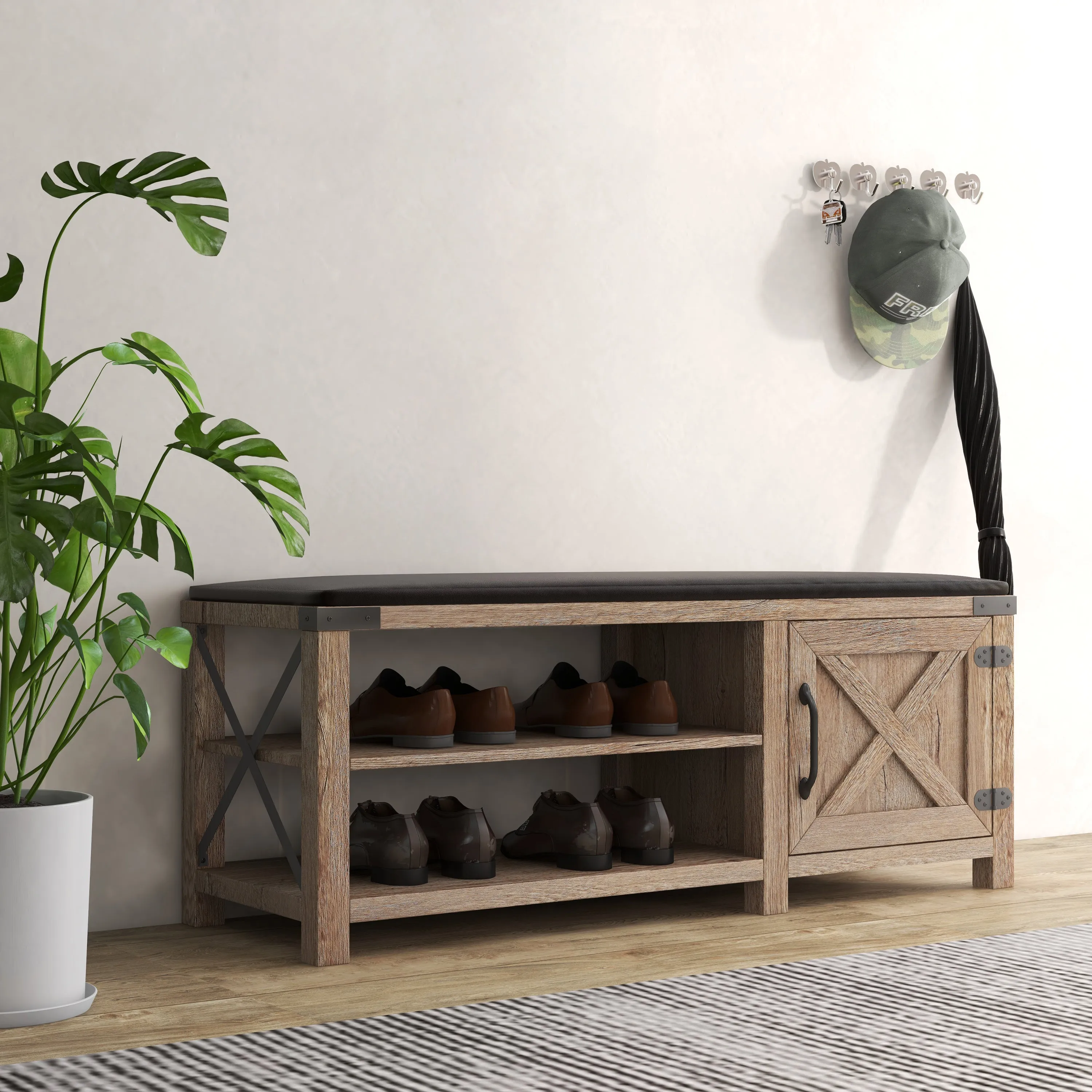 Farmhouse Shoes Bench With Seat Cushion - Tobacco