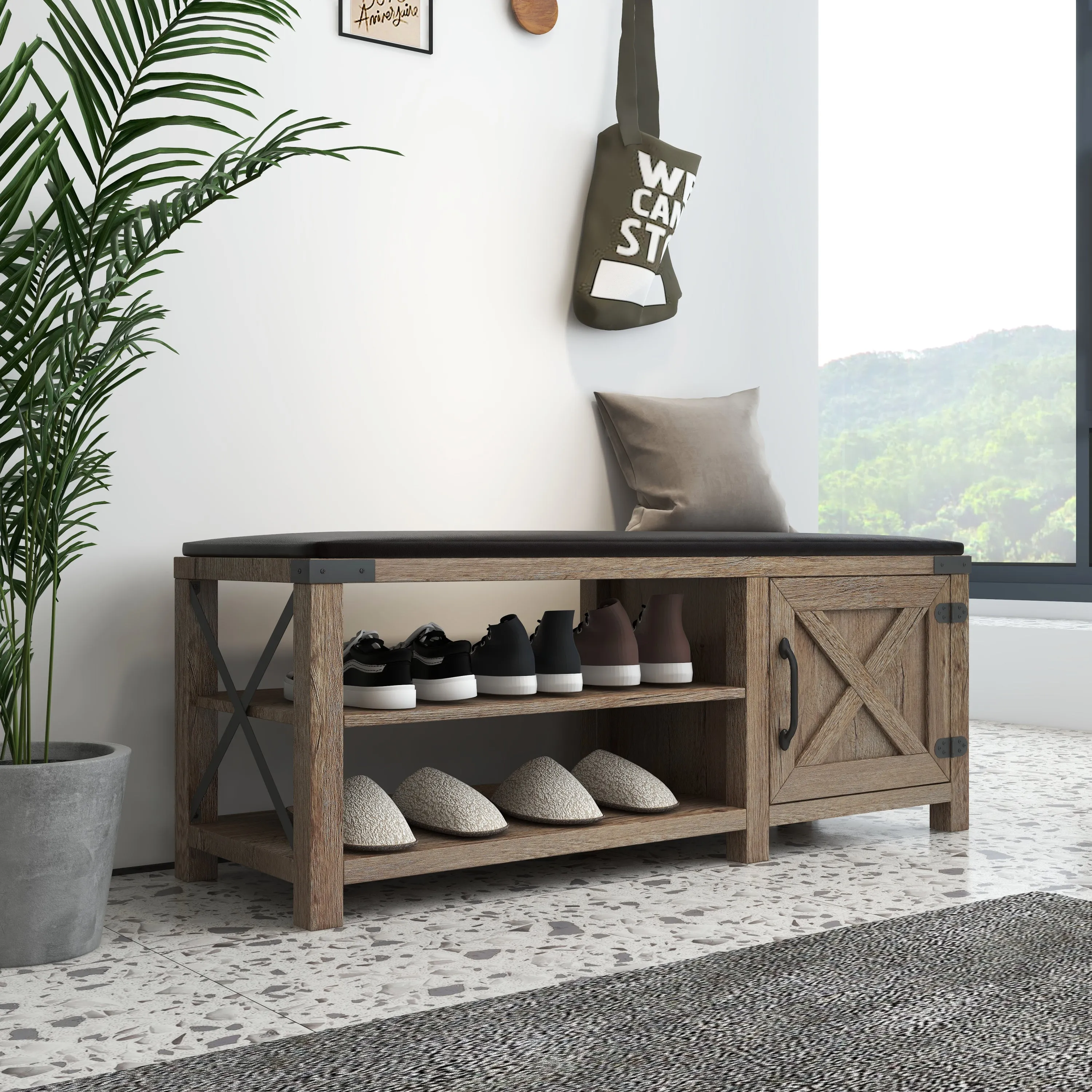 Farmhouse Shoes Bench With Seat Cushion - Tobacco