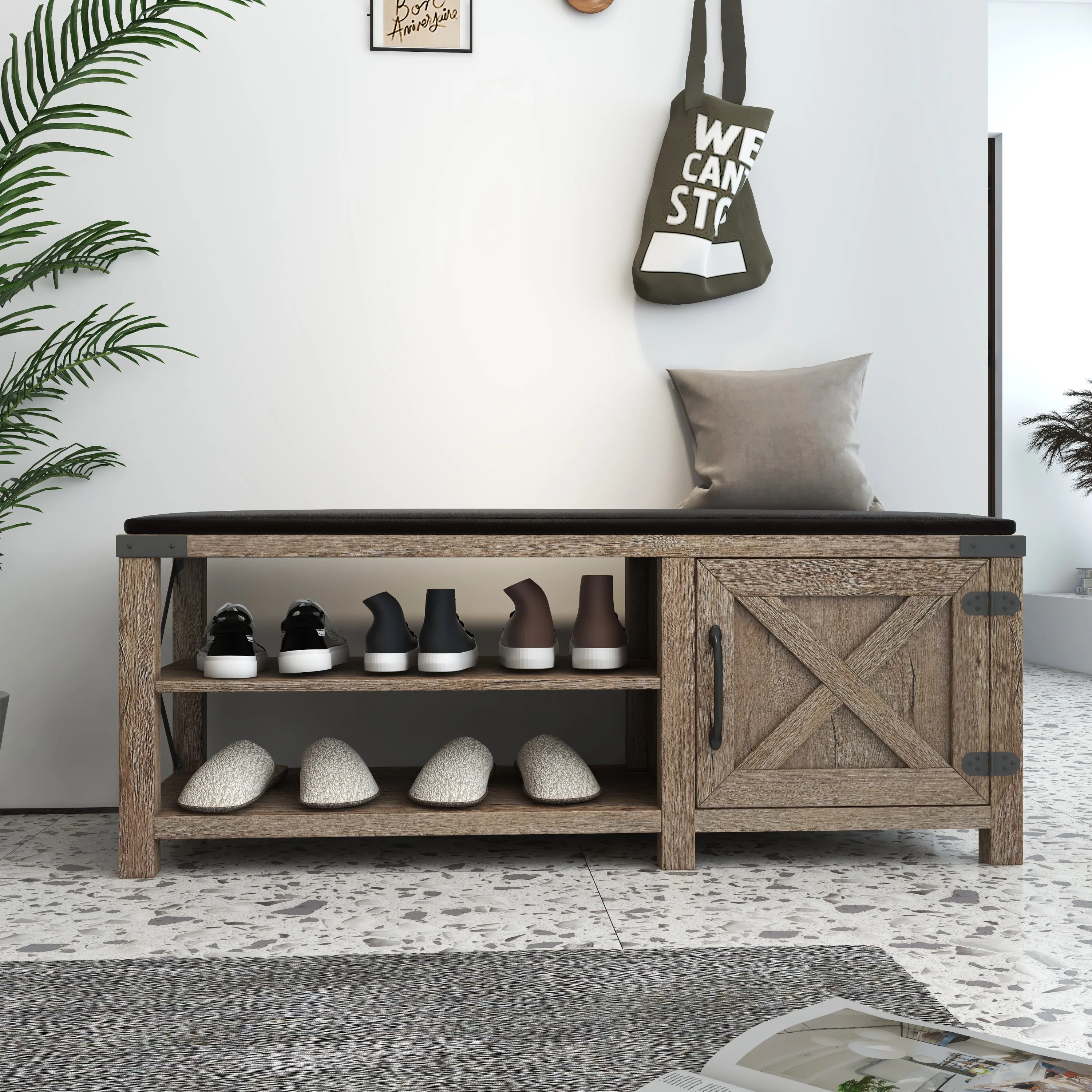 Farmhouse Shoes Bench With Seat Cushion - Tobacco
