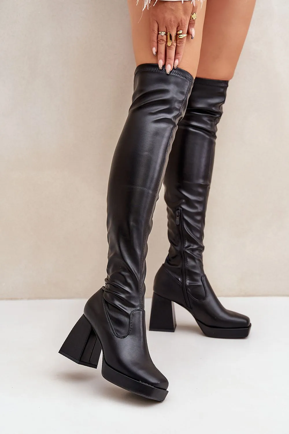 Fitted eco leather knee-high boots